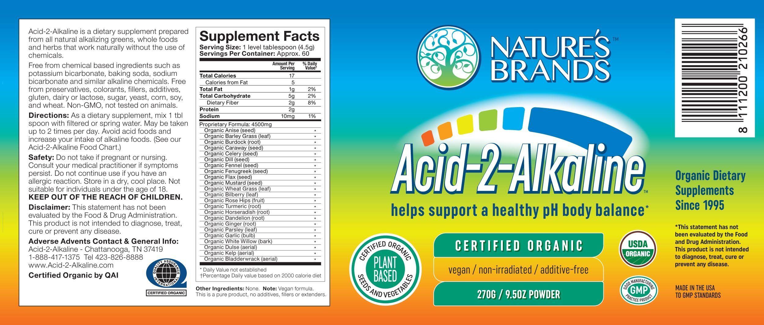 Acid-2-Alkaline Organic Whole Food Alkalizing Powder; 9.5oz