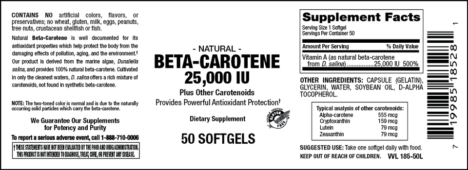 Vitamin Source Natural Beta Carotene 25,000 IU 100 Softgels