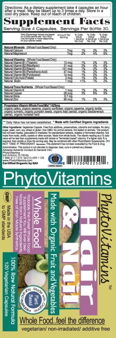 PhytoVitamins Whole Food Hair And Nail Vegetarian Capsules; 120-Count, Made with Organic