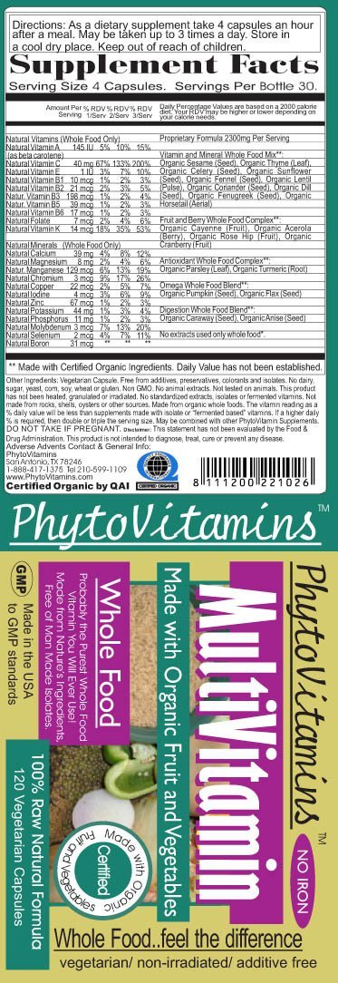 PhytoVitamins Iron Free(No Iron)Whole Food MultiVitamin Vegetarian Capsules; 120-Count, Made with Organic