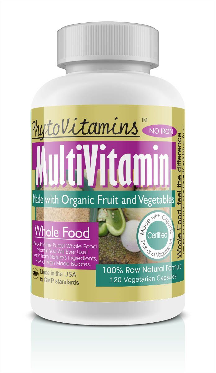 PhytoVitamins Iron Free(No Iron)Whole Food MultiVitamin Vegetarian Capsules; 120-Count, Made with Organic