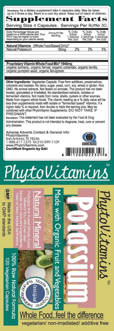 PhytoVitamins Whole Food Potassium Vegetarian Capsules; 120-Count, Made with Organic